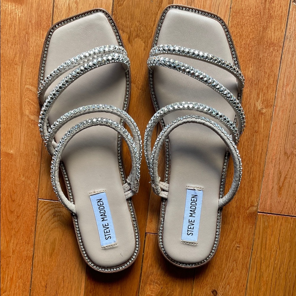 **Steve Madden Nude and Sparkly Silver Flat Sandals**